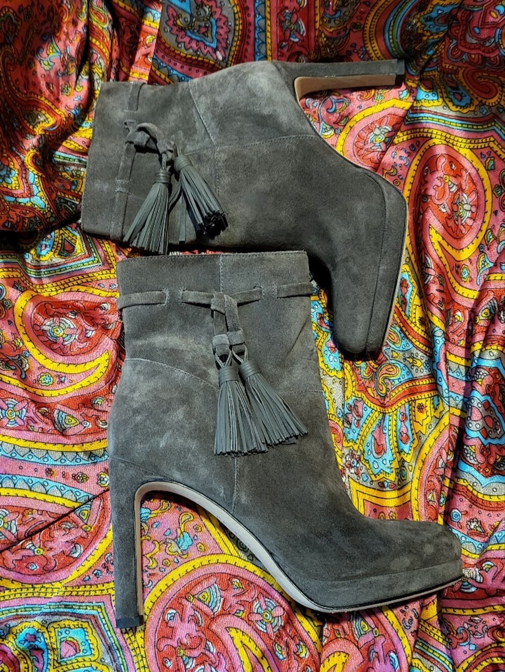 Via Spiga Gray Suede Genuine Leather Heel Boots With Tassels Women's Size 5